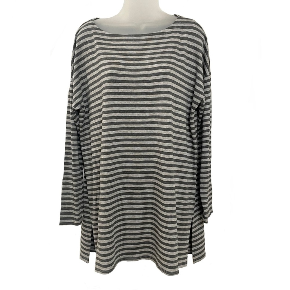 Eileen Fisher Bateau Neck Long Sleeve Striped Tunic Top Dark/Light Heather Gray